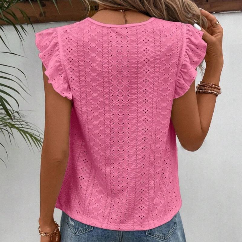 Summer New Round Neck Hollow Loose Lace Shirts Women Elegant Solid Ruffled Short Sleeve Casual Blouse Women Tops Slim Fit Vintage Fashion Shirt 26600