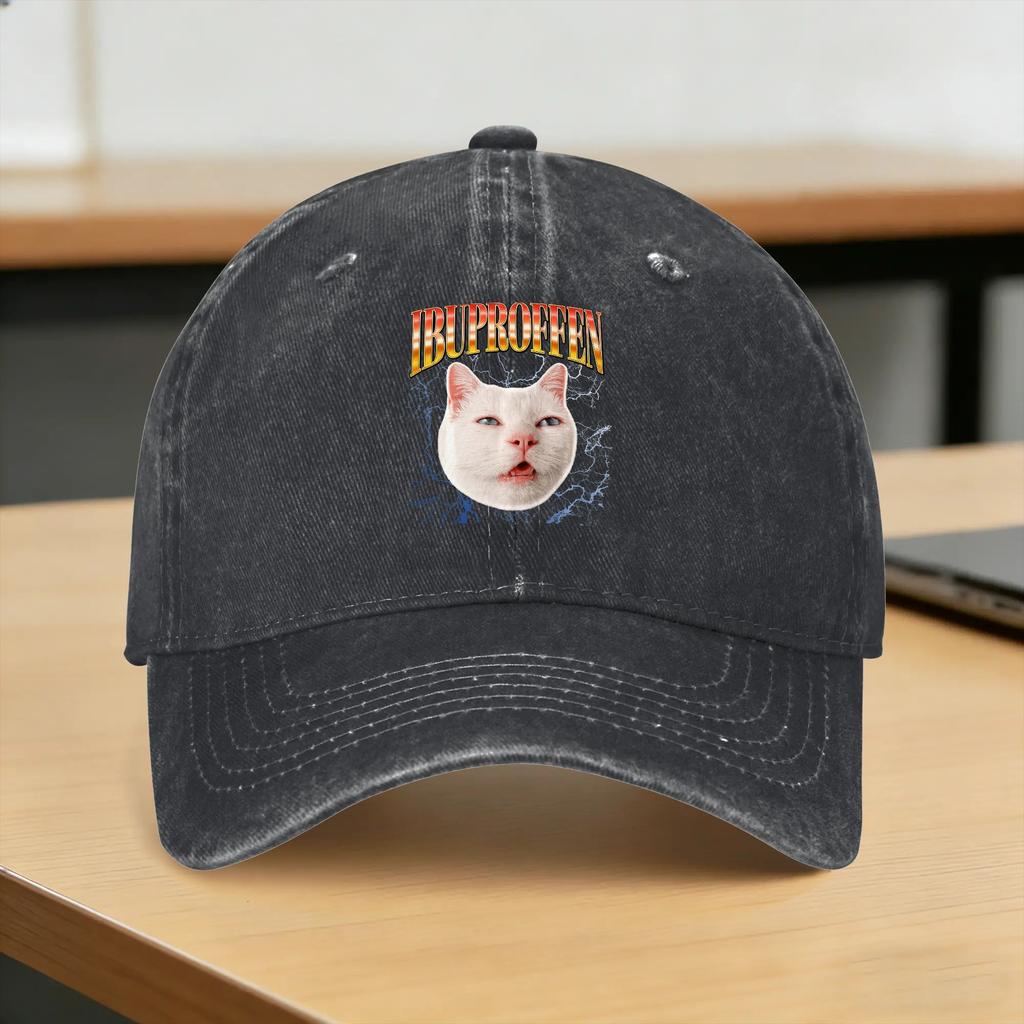 Washed Baseball Cap Funny Ugly Cat Face Ibuprofen Cat Meme Humor Spring Trucker Hat For Unisex Adult Yk Cool Rock Sun Snapback Cap