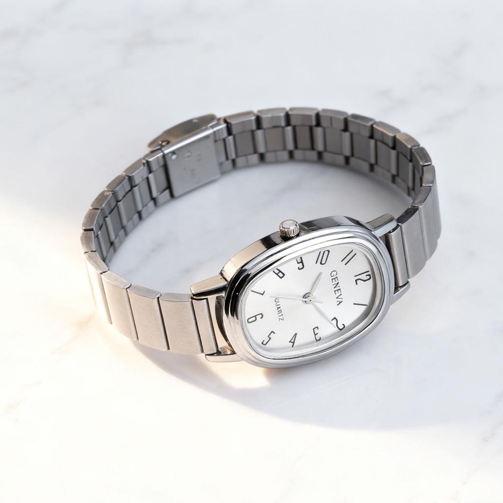 6pcs/Set-Fashion Trendy Steel Strap Bamboo Knot Watch Shining Square Dial Ring Necklace Set - Retro Style