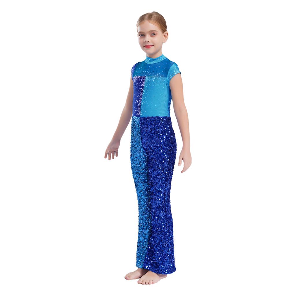 Mädchen Jazz Jumpsuit Ärmellos Mock Neck Keyhole Rücken Design Glitzernder Farbblock Pailletten Bühnenkostüm