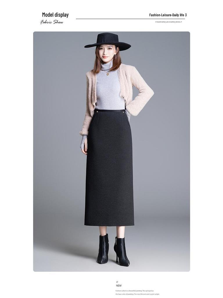 Women's High-Waisted Tweed Midi Skirt - Winter 2025 Slim Fit with Back Slit