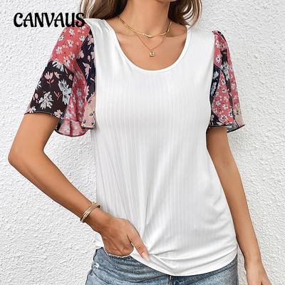 Sommer Damen T-Shirt Locker Bequem Lässig Spleißen Kurzarm Top