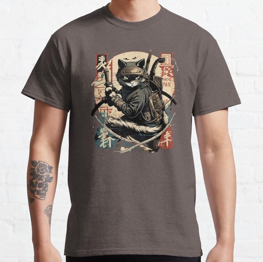 Funny kitten kawaii Cat Samurai mens TShirt for men vintage japanese Ninja Cat printed clothing plus size tee S