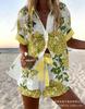 Summer European and American Women's Clothing Bamboo Hemp 1D Digital Printing Short-sleeved Shirt Beach Shorts Casual Two-piece Set