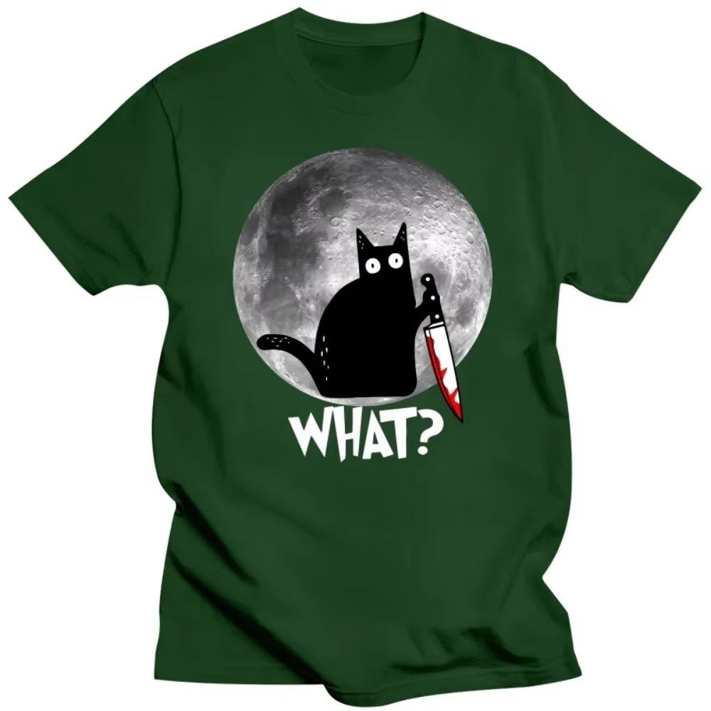 Fashion What Cat Full Moon T Shirts Men Short Sleeved Funny Halloween Black Tshirt Murderous Cat With Knife T-shirt Graphic Tee