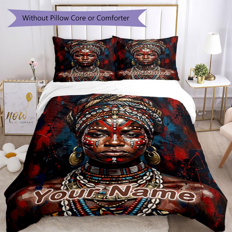 3pcs Custom Name African Beauty Bedding Set Printed Bedding Set Duvet Cover Closure Includes 1 Duvet Cover & 2 Pillowcases Bedroom Decor