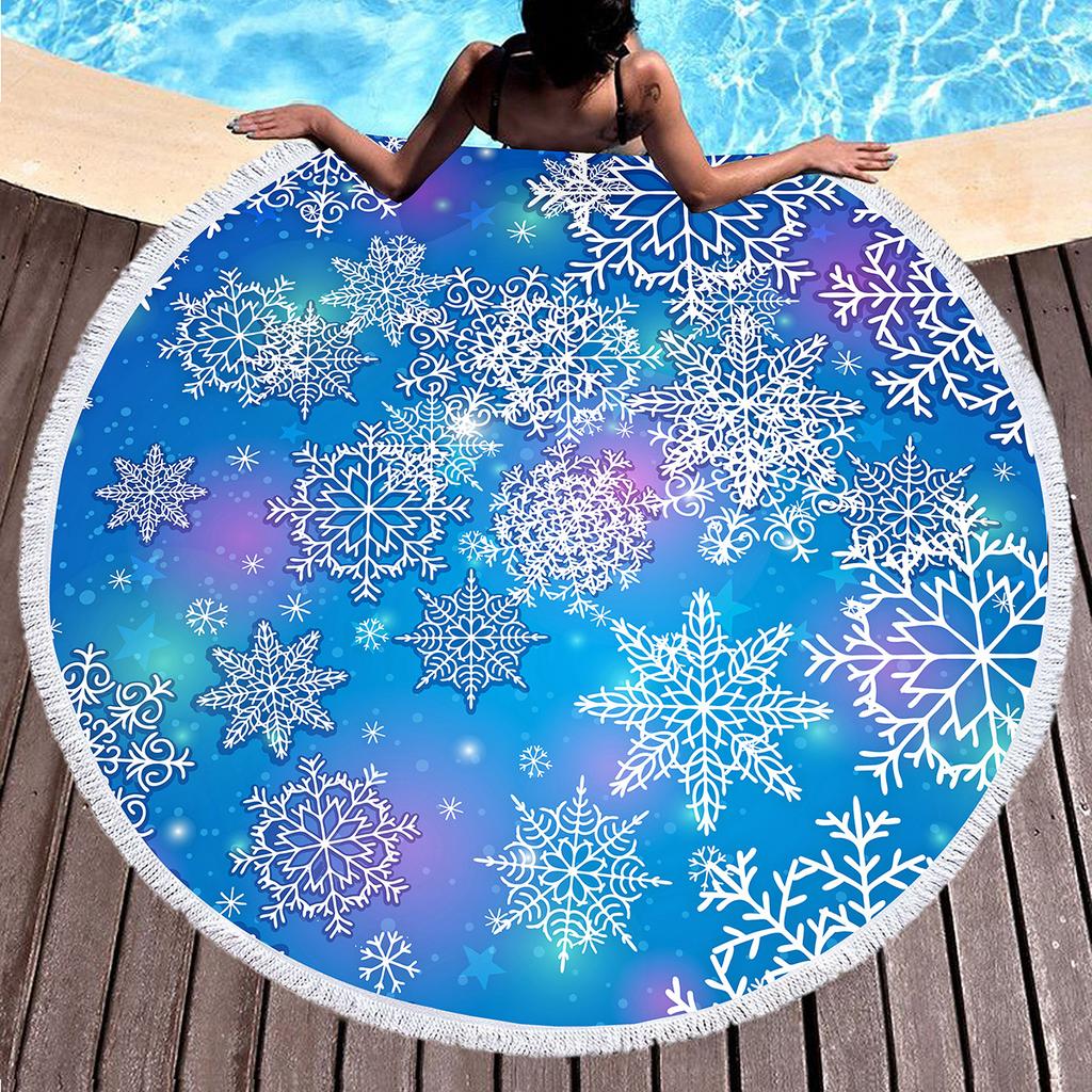 Winter Snowflake Round Beach Towel,Natural Theme White Snowflake Beach Blanket,Quick Dry Towel For Pool Travel Yoga Picnic Sport