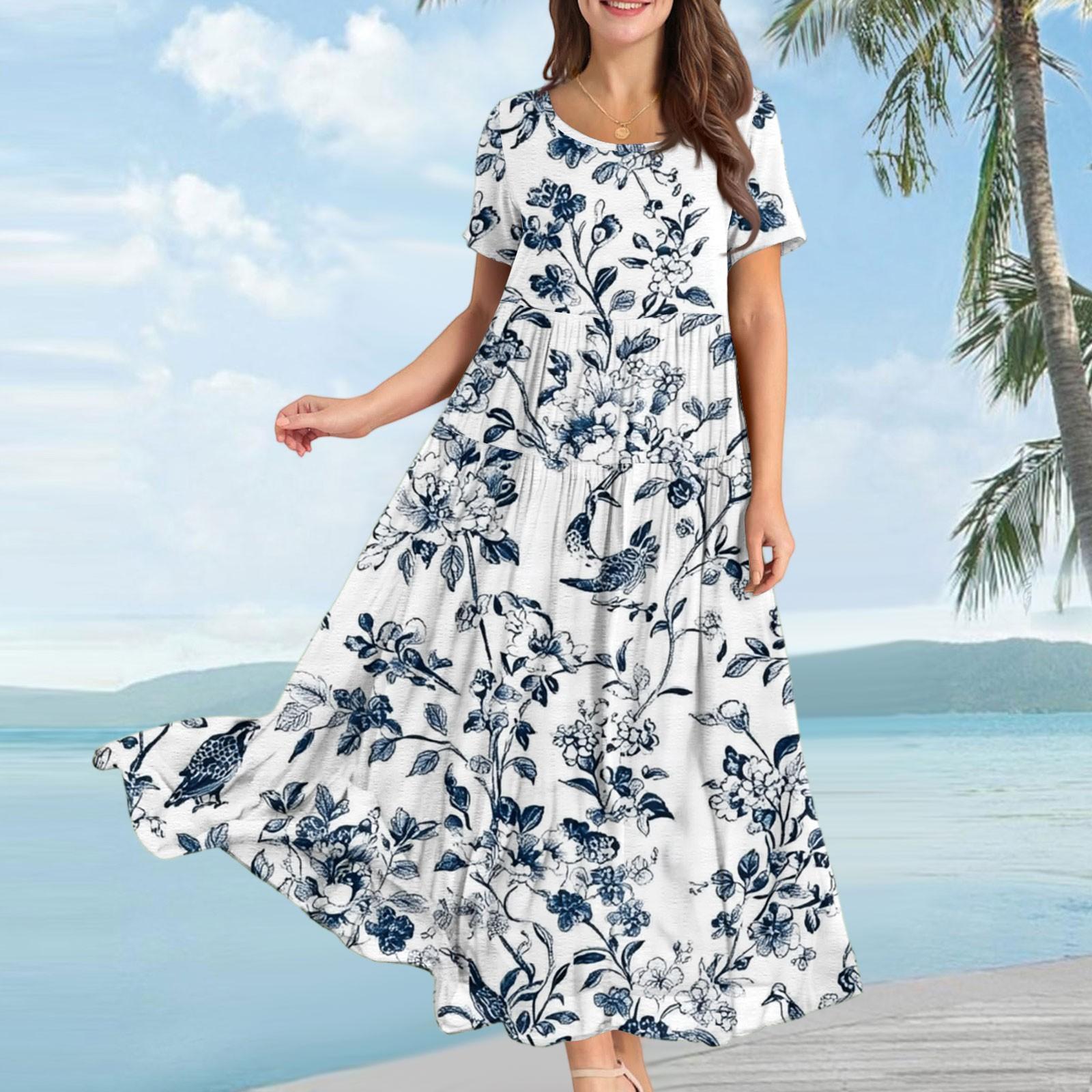 

Жіноча повсякденна вільна сукня в богемному стилі з квітковим принтом та коротким рукавом XXL білий