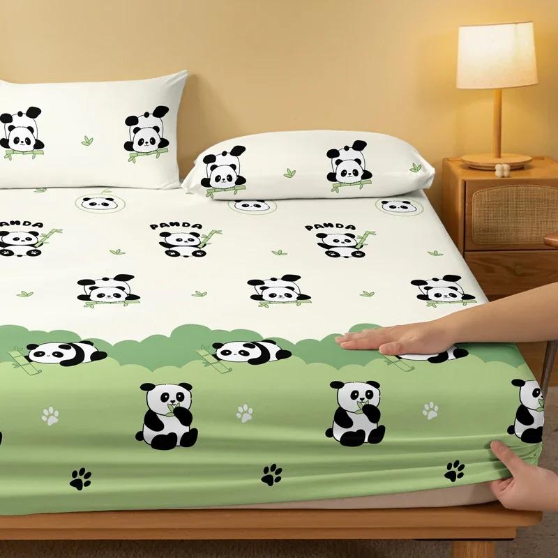 1 Cartoon Cute Plant Flower Panda Printed Matte Fitted Sheet, Bedroom Printed Bed Cover, Bedding (Excluding Pillowcases)