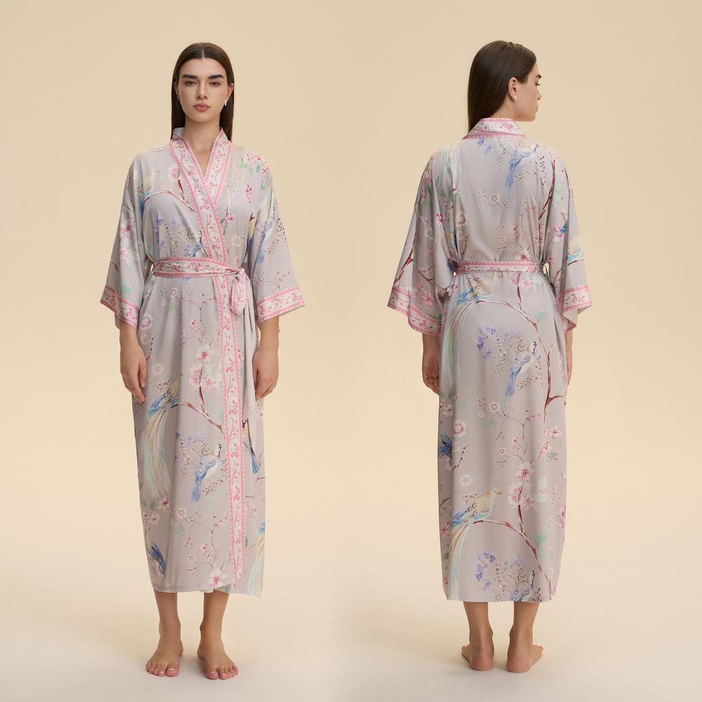 Yaoting European and American satin long-sleeved pajamas women's long loose and comfortable nightgown printed loungewear WP1981