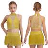 Mädchen Funkelndes Strass Latin Dance Top Neckholder Ärmellos Überkreuztes Rückenteil Netz-Patchwork-Design plus Fransen-Rock mit eingebauter Hose