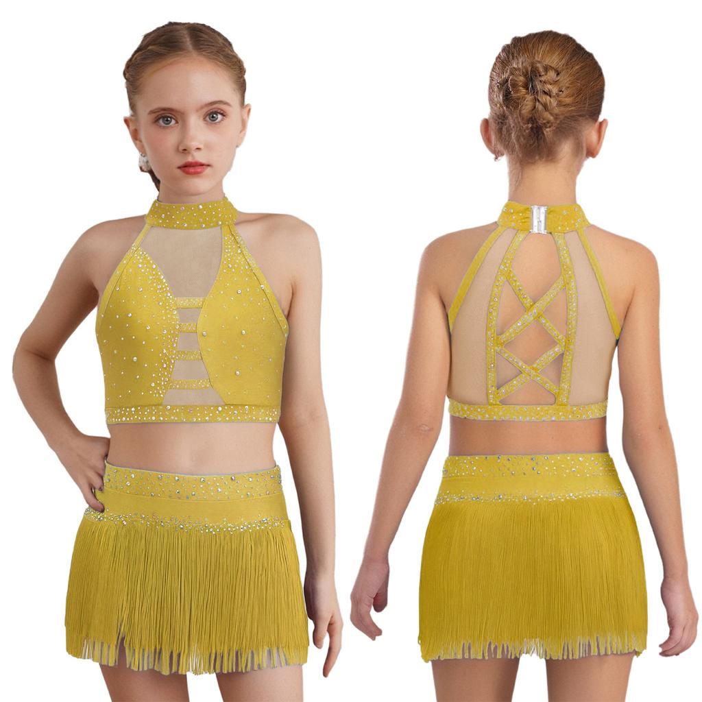 Mädchen Funkelndes Strass Latin Dance Top Neckholder Ärmellos Überkreuztes Rückenteil Netz-Patchwork-Design plus Fransen-Rock mit eingebauter Hose