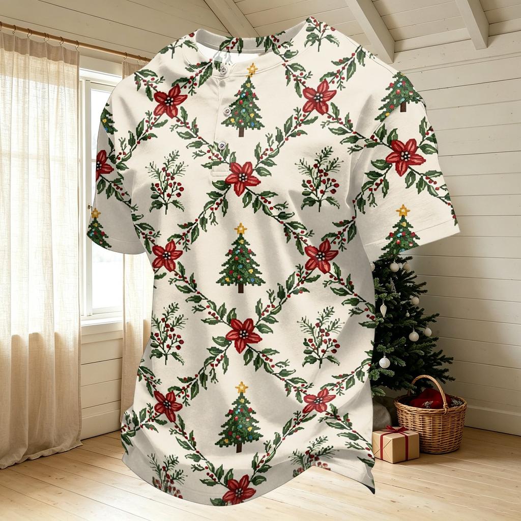 Men's Quick-Dry Neck Short Sleeve T-Shirt with Christmas Print
