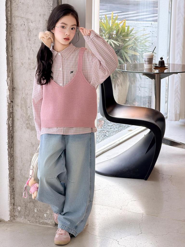 Adorable Girls' Spring Vest & Shirt 3-Piece Set - Korean Style for Older Children