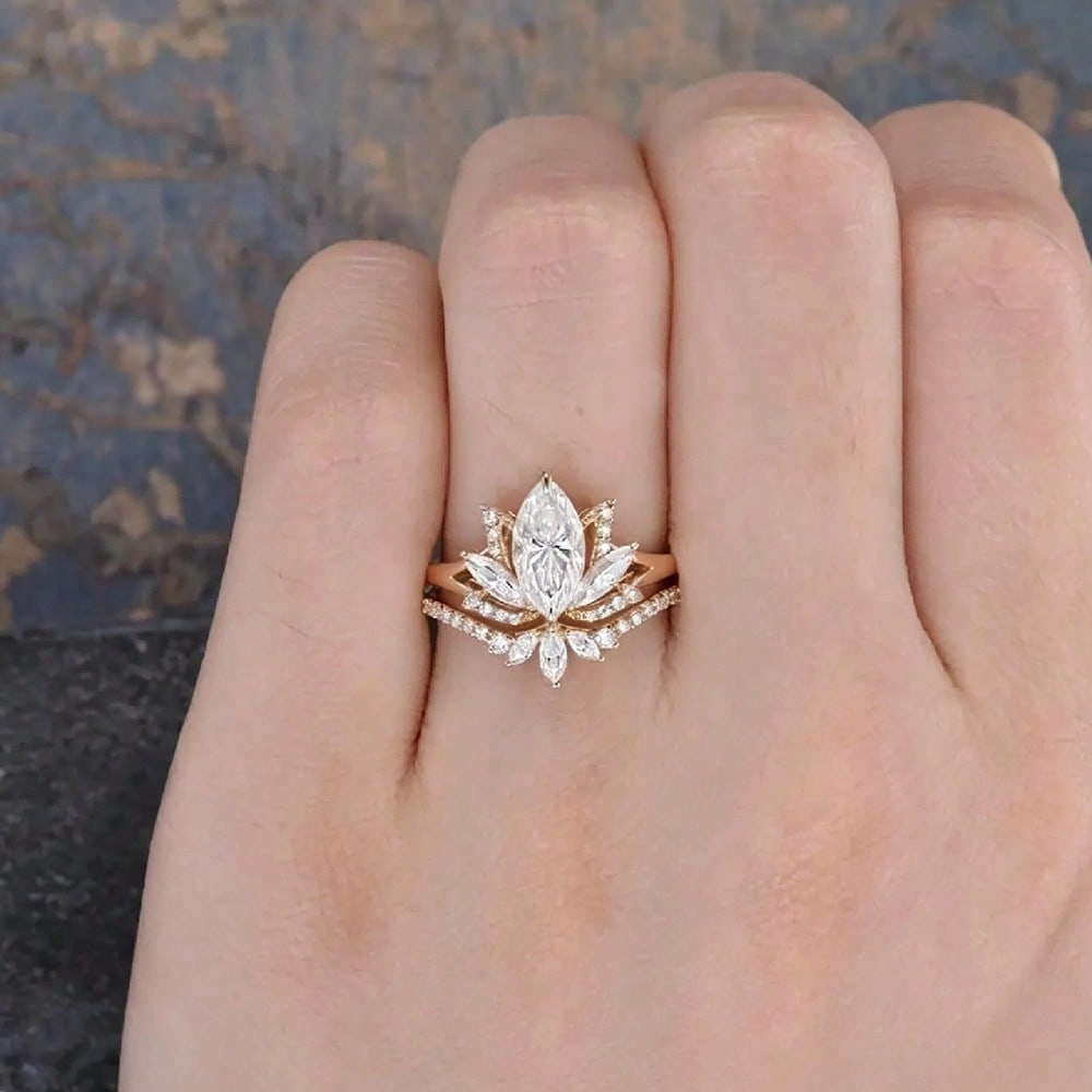 Gold Tone Lotus Flower Ring with Marquise & Round CZ, Layered Design Wedding Engagement Ring, Luxury Bridal Jewelry for Women
