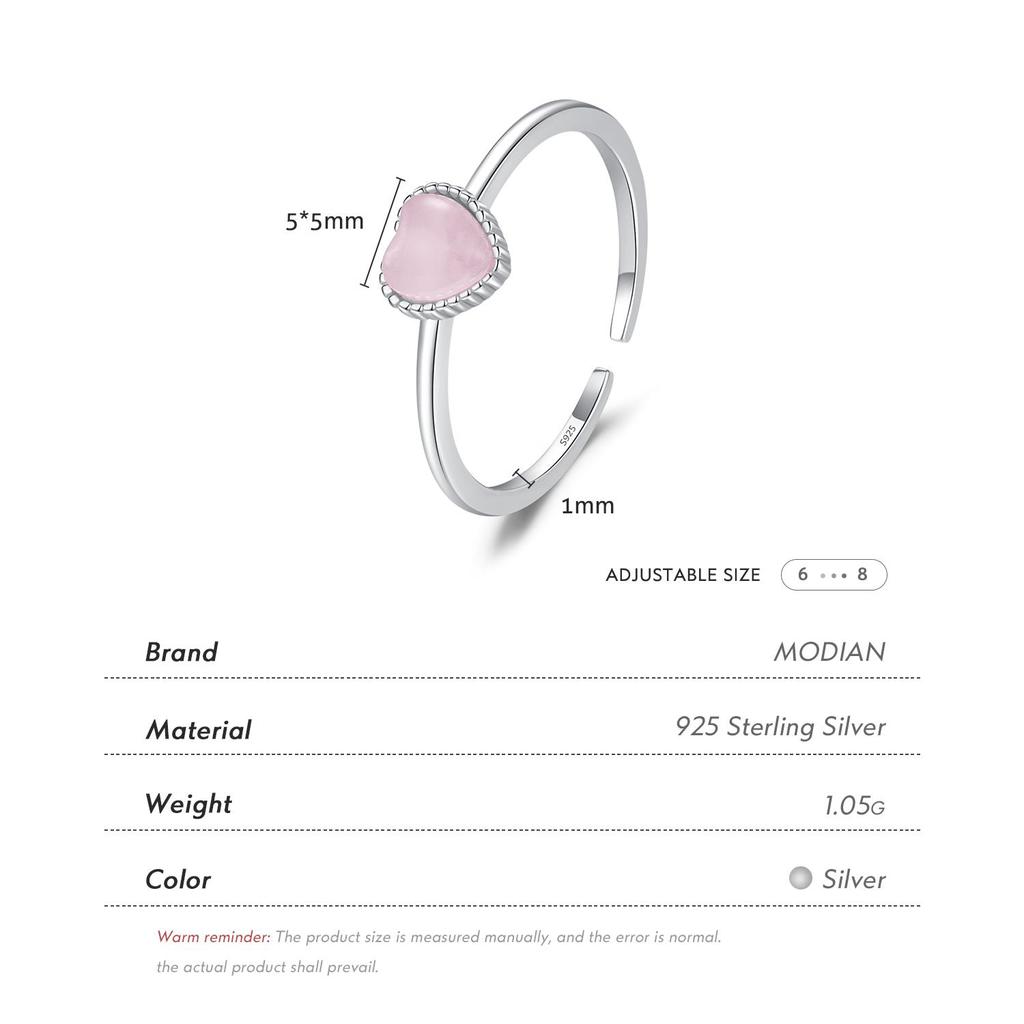 MODIAN 925 Sterling Silver Pink Crystal Hearts Opal Open Size 6-8 Finger Ring Sweet Simple Fine Jewelry For Women Birthday Gift