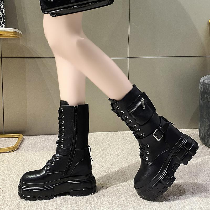Fashion 9CM Autumn Warm Ankle Boots for Women Leather Short Boots Round Toe High Platform Fur Motorcycle Boots Thick Heel Sneakers Shoe