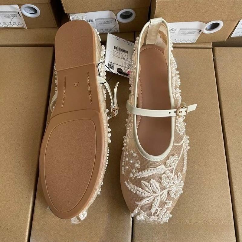 Bestickte Perlennetz Damen Mary Jane Schuhe Lässige Sommer Atmungsaktive Schuhe Runde Zehenpartie Gürtelschnalle Ballett Style Flats für Damen