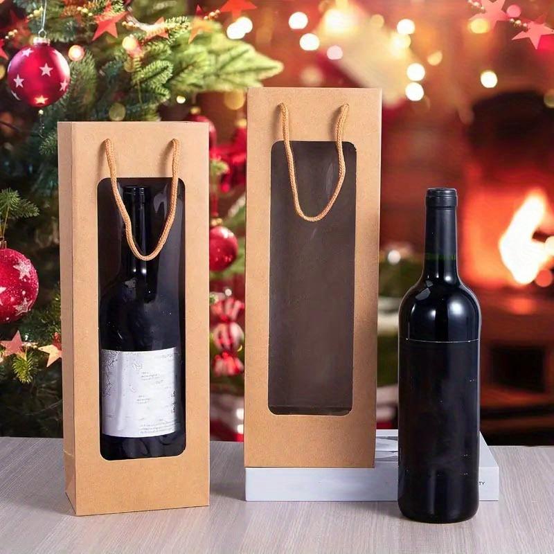24Pcs Kraft Paper Wine Bottle Bags with Handles and Clear Window Plain Wine Gift Wrap Sets for Parties and Retail