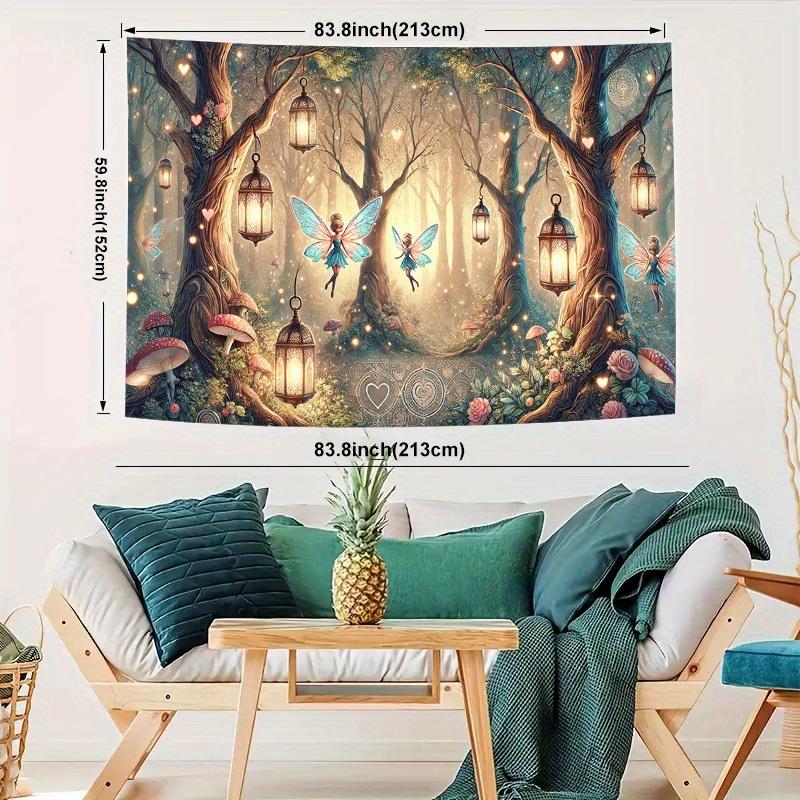 Enchanted Forest Fairy Tapestry With Glowing Lanterns And Mushrooms, Magical Polyester Wall Hanging For Living Room Decor