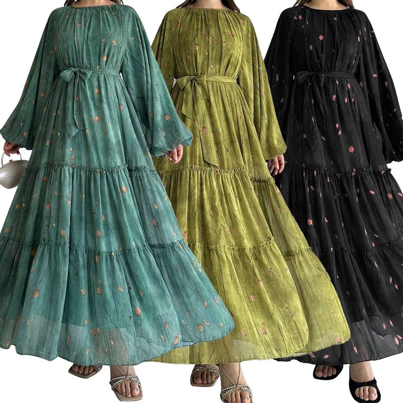 Eid Muslim Abaya Dress Women Print Chiffon Sashes Jalabiya Kaftan Islam Vestidos Largo Arab Long Robe Ramadan Morocco Abayas