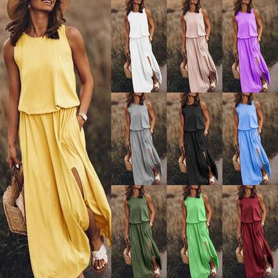Robe Femme Élasticité Couleur Unie Sans Manches Col Rond Décontractée Fentes Taille Haute Robes Maxi pour Femmes