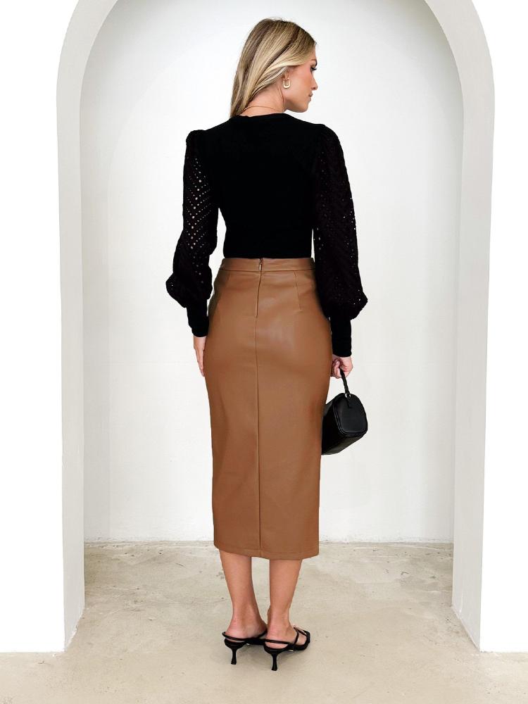 Jupe En Cuir Femme - Mi-longueur, Taille Haute - Style Trapèze Avec Fente - Pour Tenue D'été Ou D'hiver