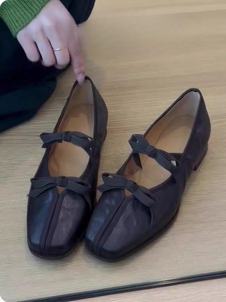 

Soft leather version~ Square head retro bow Mary Jane shoes women s shallow mouth one pedal low heel French ballet style single shoes 35 чёрный