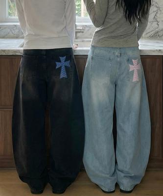 GRAVER [Unisex][Unisex] Dot Cross Embroidered Wide Curved Jeans_3 Colors