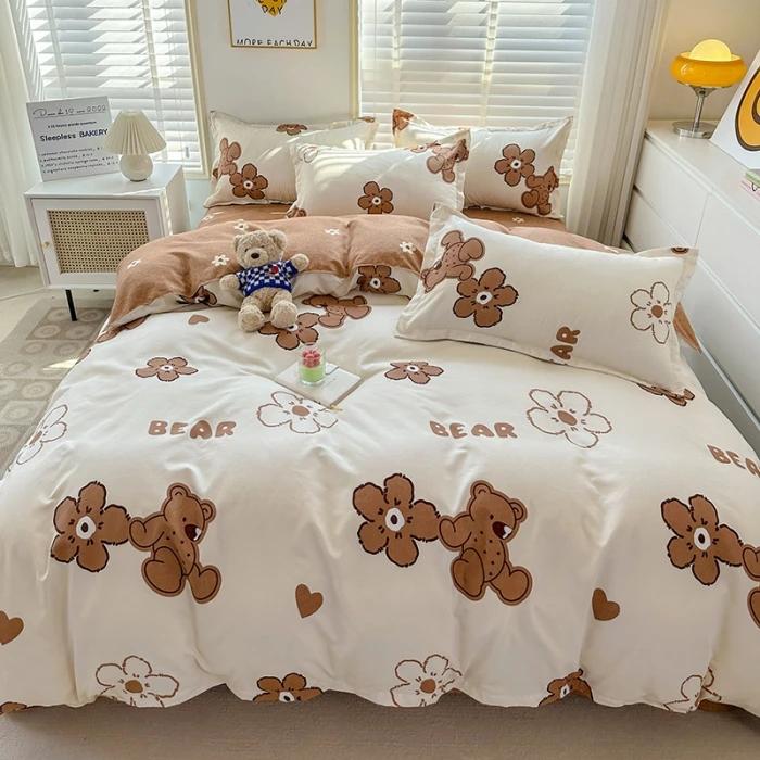 small fresh pure cotton abraded four-piece set, skin-friendly bed sheet washed cotton quilt cover, dormitory three-piece set