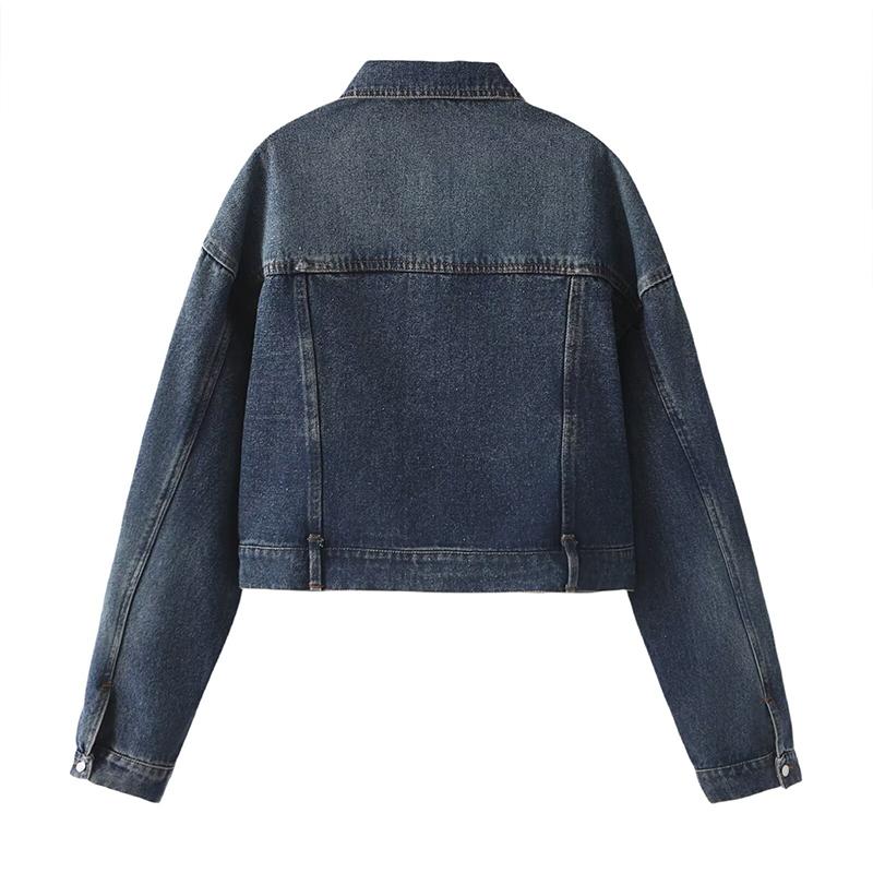 2025 Women Dark Blue Denim Coat Heart Pattern Outerwear Long Sleeve Single Breasted Jacket Spring Female Top Coats