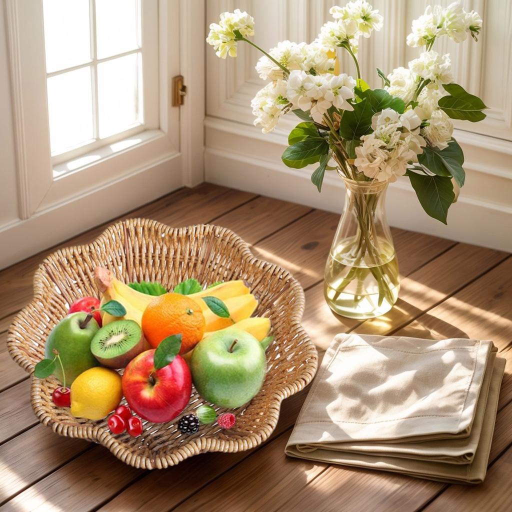 3pcs Imitation Rattan Woven Snacks Storage Basket Multipurpose Round Shaped Bread Fruit Serving Tray Desktop Candy Plate