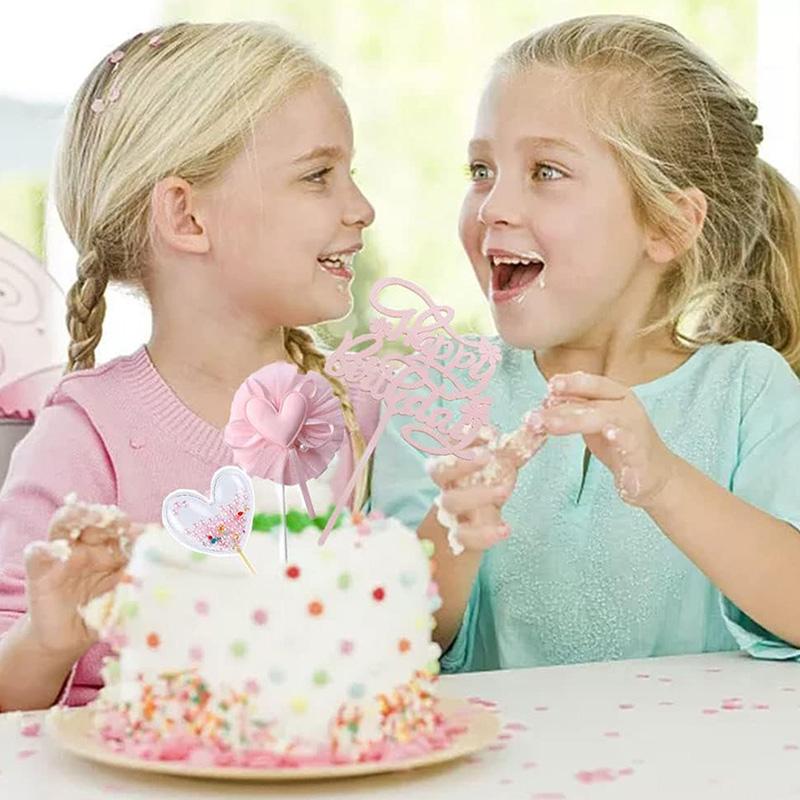 5pcs Pink Heart Happy Birthday Cake Topper Birthday Cake Topper Lovely Heart Cupcake Toppers Picks Cake Decorations for Birthday