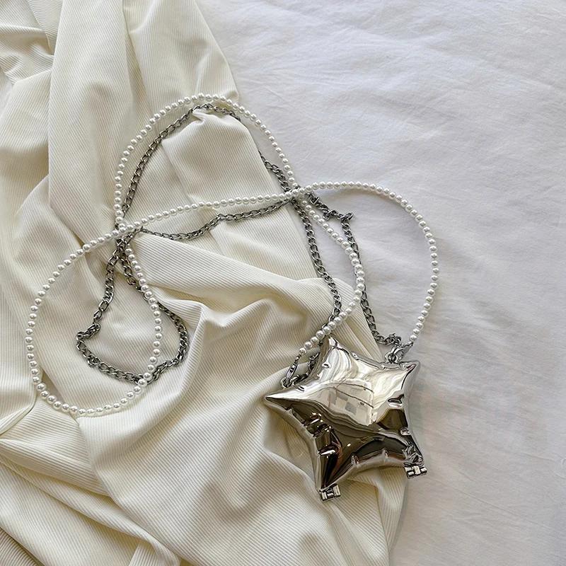 

Metal 2026 New Metal Lipstick Bags for Women Fashion Pentagram Shoulder Bag Pearl Chain Crossbody Bag Women s Decoration 11X10X4cm