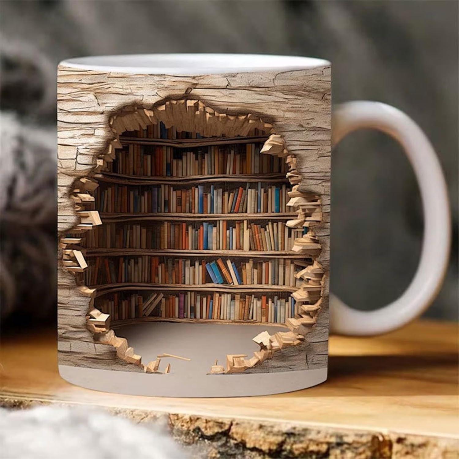 

3d Bookshelf Mug - 3D Effect Books Mugs, Creative Space Design Multi-Purpose Mugs, Book Lovers Coffee Mug, Gifts for Readers (B) A