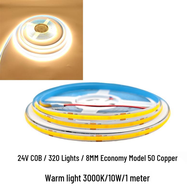COB LED Strip Light 12V/24V, 320/480 LEDs, 8MM, 90 CRI, Self-Adhesive, Aluminum Channel.