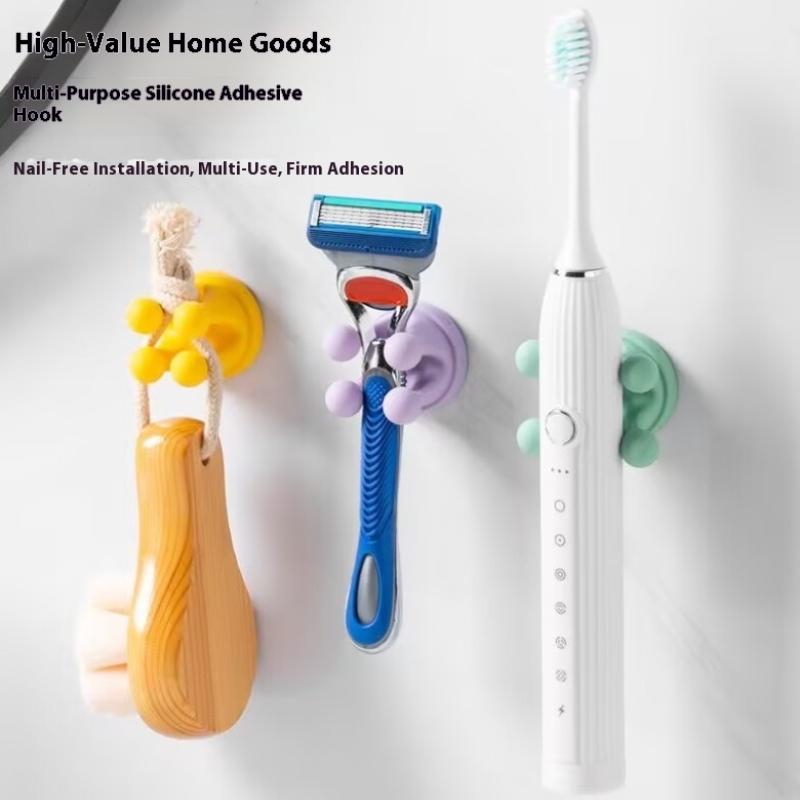 6Pcs Silicone Toothbrush Holders Waterproof Self Adhesive Multi-Function Hooks Punch Free Razor Shaver Rack Shelf Storage Hook
