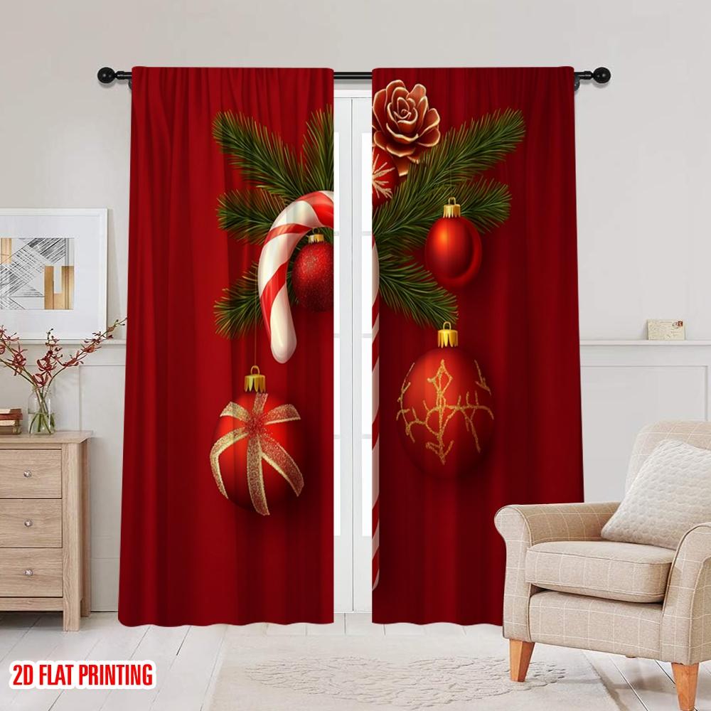 2pcs,2D Plane Printing Pattern Curtains Christmas Candy Cane Holly Ornament (4) Durable Polyester (without Rod) Versatile All