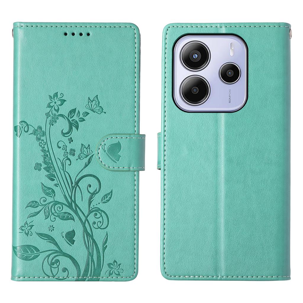 For Xiaomi Redmi Note 14 4G (163.25mm) Wallet Case Butterfly Floral Imprint PU Leather Phone Cover with Wrist Strap