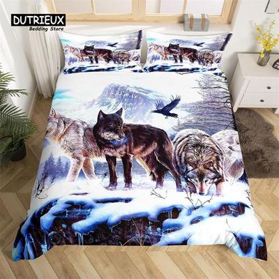 3D Wolf Weltraum Bettbezug Tiger Löwe Tiermuster Bettwäscheset Hell und Dunkel treffen sich Wolf Mond Bettdeckenbezug mit Kissenbezügen