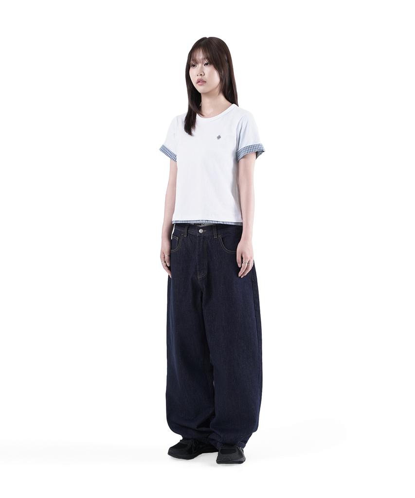 SLOW RECORD HOUSE Layered Check Roll-Up T-Shirt_White