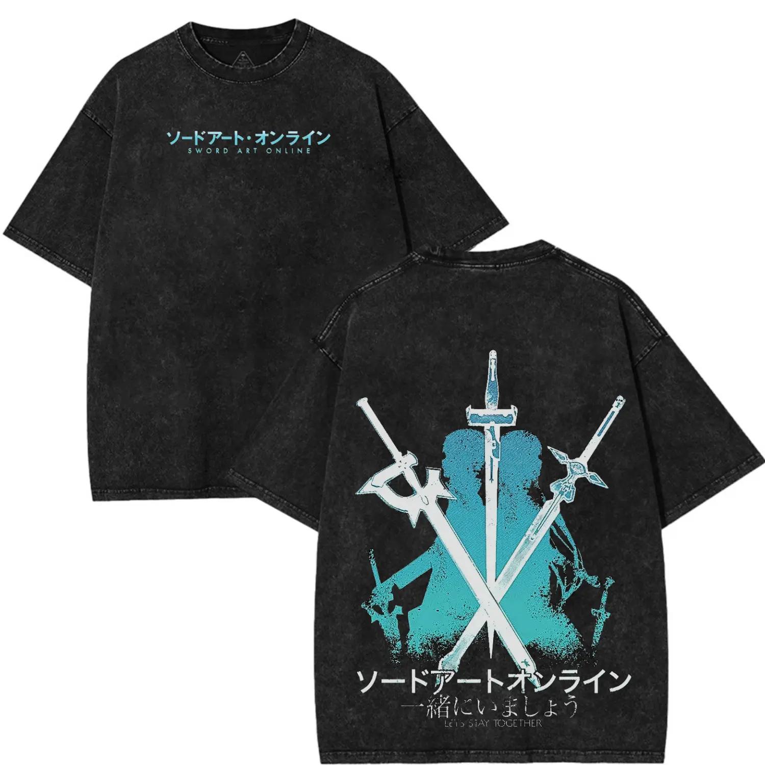 

Футболка с мангой Sword Art Online Винтажная стираная оверсайз футболка Мужская одежда Летние хлопковые футболки с коротким рукавом и круглым вырезом Топы S