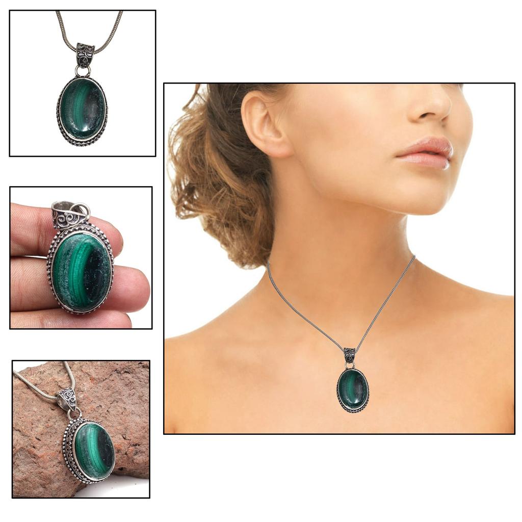Malachite Emerald Gemstone Unisex Women's Silver Jewelry Pendant 1.75"