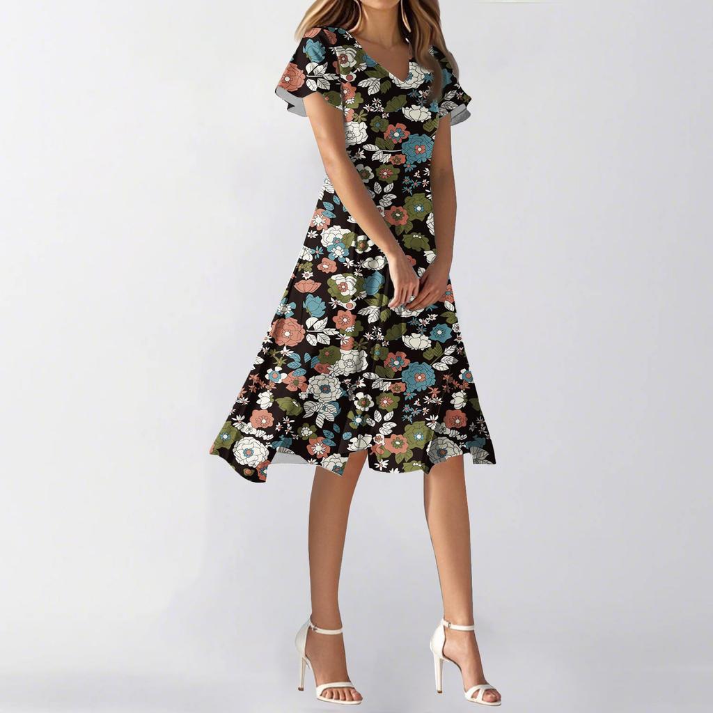 Kvinners Sommer Casual Mote Blomsterprint Kjole V-hals Kortermet Kort Skjørt