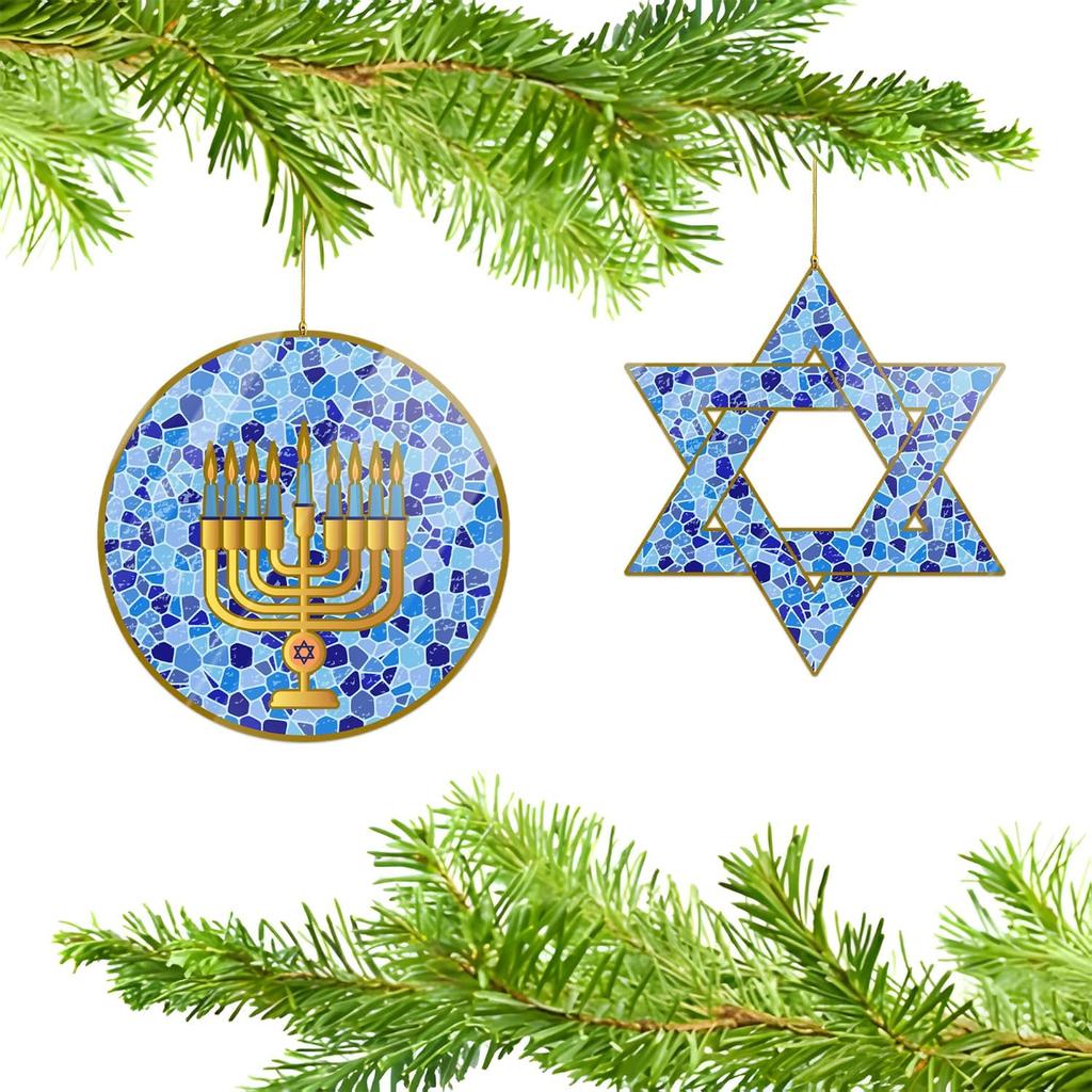 2Pack Hanukkah Ornaments, Star of David and Menorah Acrylic Hanging Ornament for Hanukkah Tree Decoration Rosh Hashanah Shana Tova Party Decor,Dk.