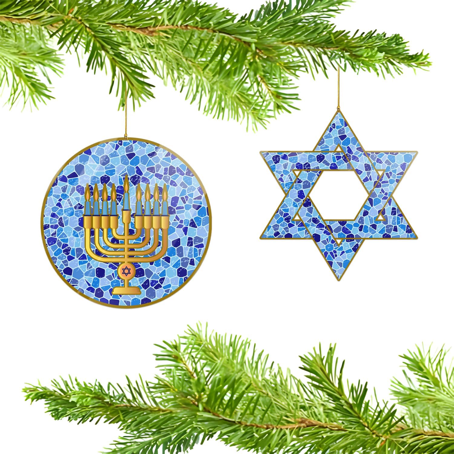 2Pack Hanukkah Ornaments, Star of David and Menorah Acrylic Hanging Ornament for Hanukkah Tree Decoration Rosh Hashanah Shana Tova Party Decor,Dk. Lt. Blue