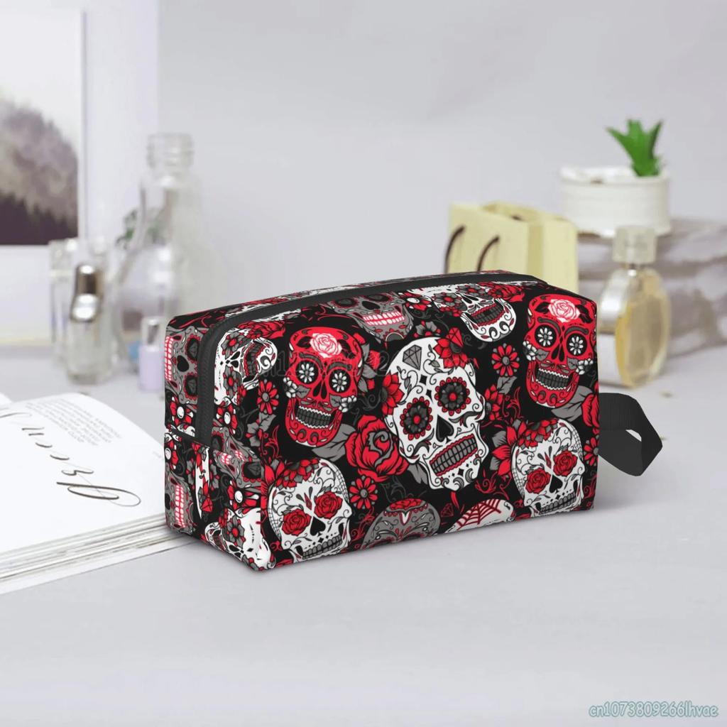 Halloween Bunte Blumige Zuckerschädel Kosmetiktaschen für Frauen Große Kapazität Reise-Make-up-Tasche Tragbar Reise Wasserdicht Geschenk