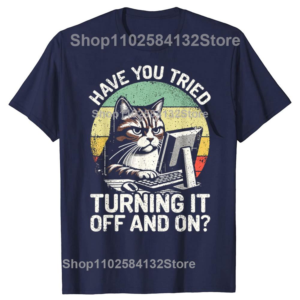 Funny Tech Support Humor Cat Engineer Computer Graphic Tshirts Men Fashion Casual Tshirt 100 Cotton Loose Oversized T Shirt