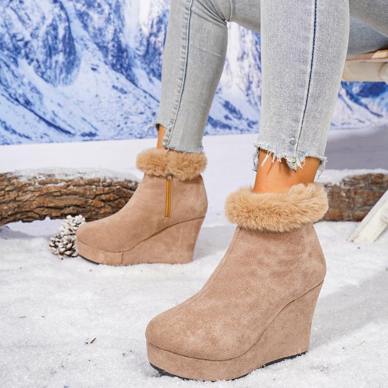 Winter New Round Toe Side Zip Platform Non-Slip Suede High Heel Booties Wedge Cotton Shoes
