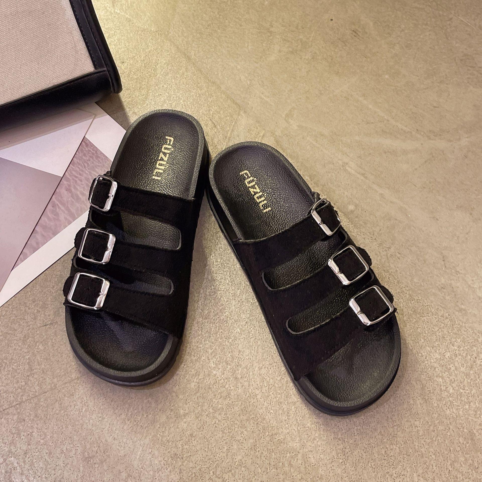 

Тапочки на пуговицах женская летняя одежда интернет-знаменитости мода повседневная толстая подошва односложное перетаскивание сладкий ветер круглая голова пляжные классные тапочки 36 чёрный